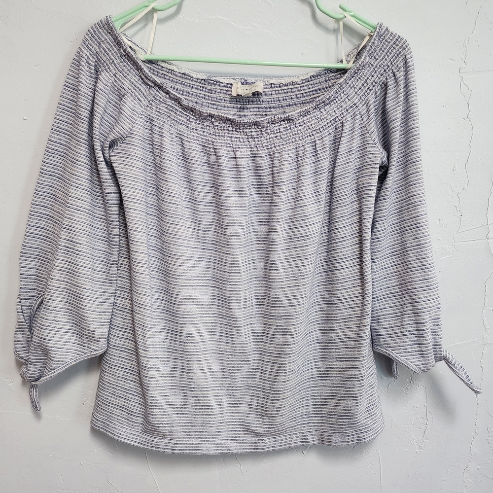 Lucky Brand Blue and White Textured Off Shoulder Knit Top